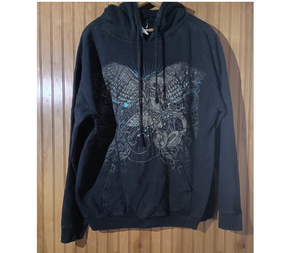 Vintage HYBRID TEES Size L Black Pullover Owl Headphone Hoodie Y2K Skate Grunge